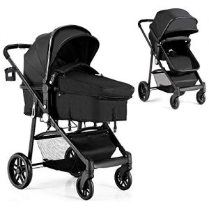 BABY JOY Baby Stroller, 2 in 1 Convertible Carriage Bassinet to Stroller, Pushchair with Foot Cover, Cup Holder, Large Storage Space, Wheels Suspension, 5-Point Harness (Light Coffee)