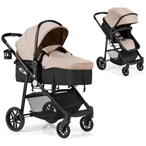 BABY JOY Baby Stroller, 2 in 1 Convertible Carriage Bassinet to Stroller, Pushchair with Foot Cover, Cup Holder, Large Storage Space, Wheels Suspension, 5-Point Harness (Light Coffee)