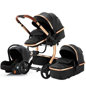 EUFER 3 in 1 Travel System Baby Standard Pram Portable Luxury Baby Stroller Rubber Wheel PU Leather Aluminum Frame High Landscape Newborn Stroller (Black)