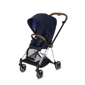 Cybex Mios 2 Complete Stroller, One-Hand Compact Fold, Reversible Seat, Smooth Ride All-Wheel Suspension, Extra Storage, Adjustable Leg Rest, Indigo Blue Seat with Chrome/Brown Frame