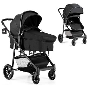BABY JOY Baby Stroller, 2 in 1 Convertible Carriage Bassinet to Stroller, Pushchair with Foot Cover, Cup Holder, Large Storage Space, Wheels Suspension, 5-Point Harness